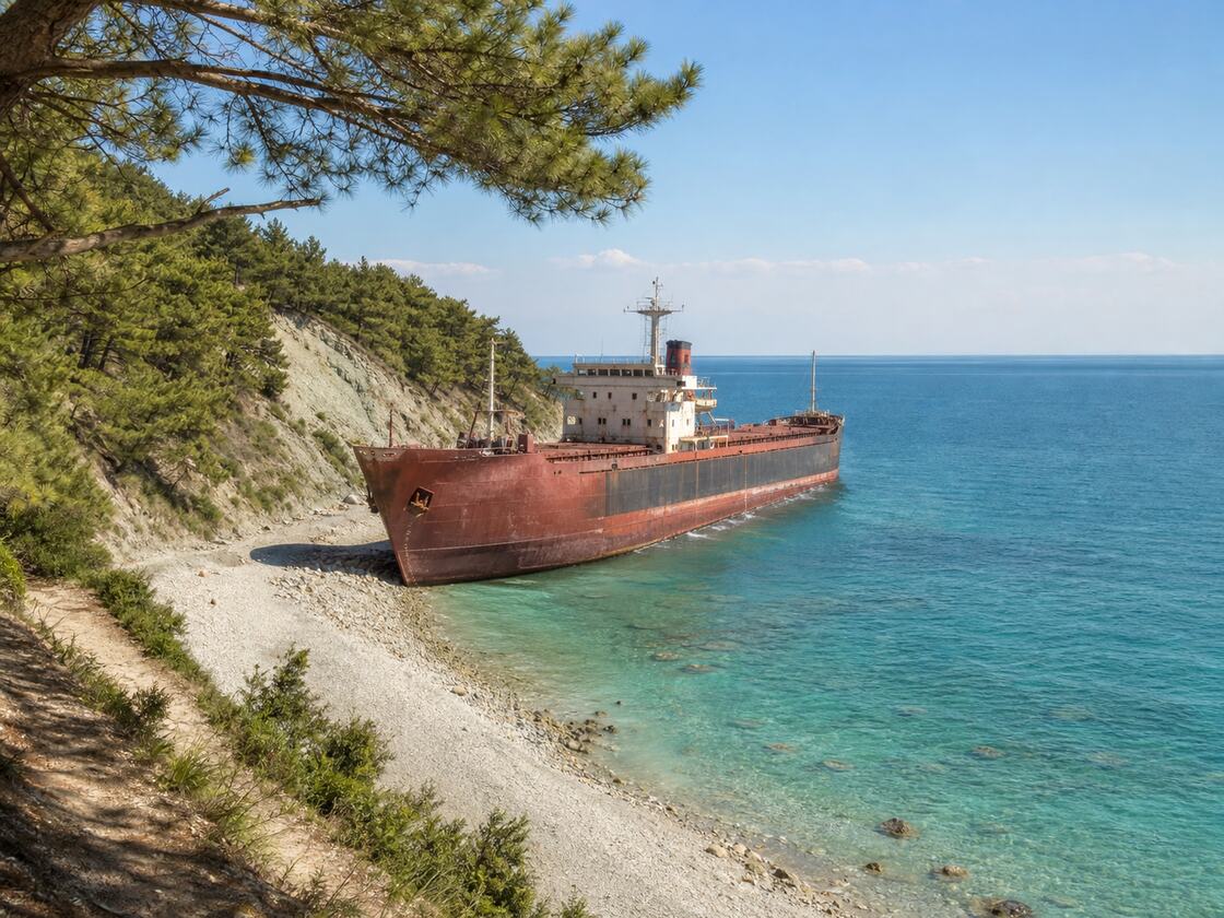 Иллюстрация к сухогрузу «Рио»: корабль у галечного берега Чёрного моря